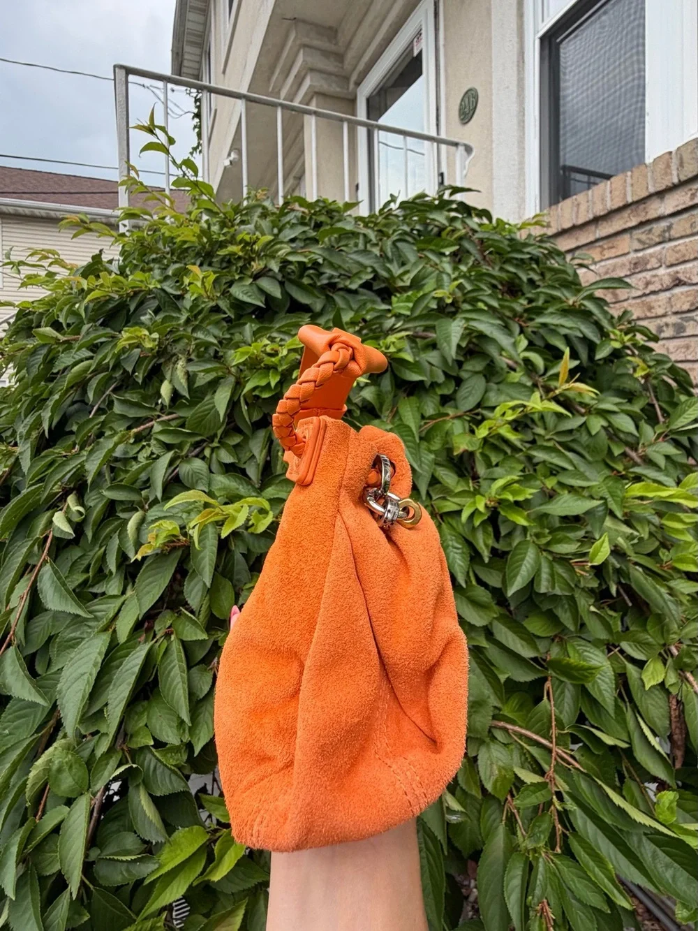 Orange Suede Bucket Bag Drawstring Crossbody Dumpling Cloud Pouch NWT